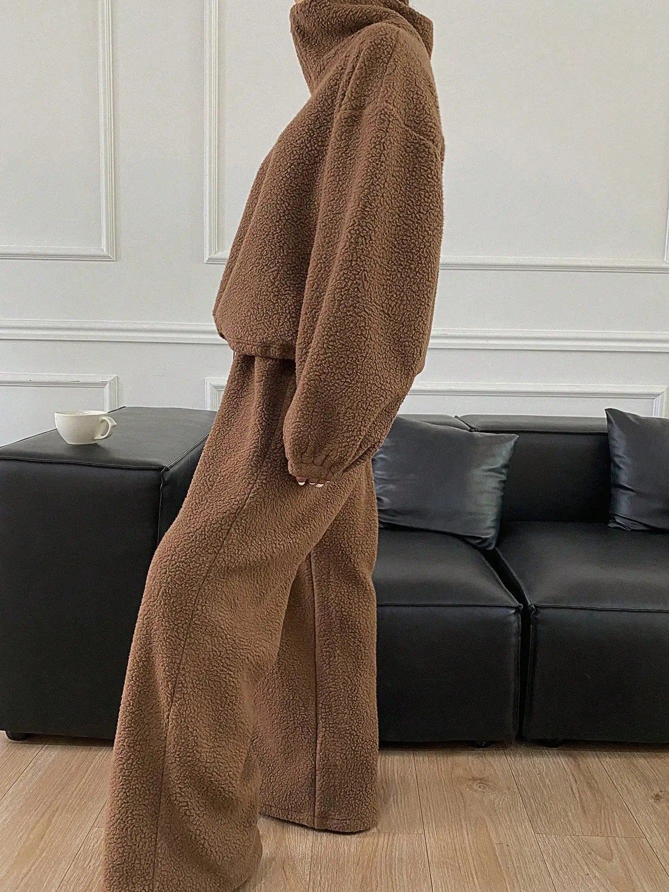 Women's Cozy Fleece Lounge Set with Half Zip Top & Wide Leg Pants, Fall/ Winter Thermal Tracksuit