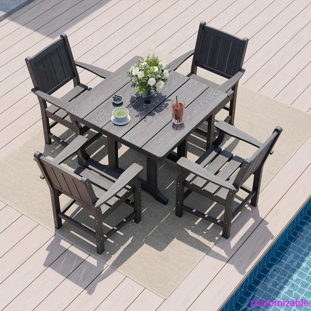 5 PCS Outdoor Dining Set, Spacious Outdoor Table and Chairs, Wood Grain Patio Dining Sets with Elegant Armrest