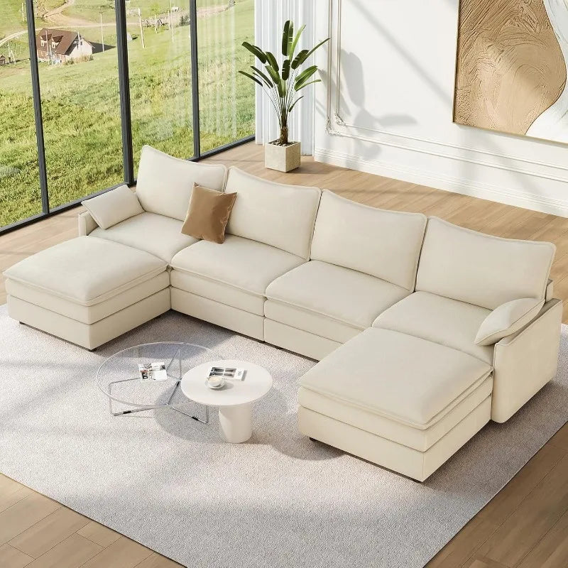 142" U Shaped Sectional Couch,with 2 Ottoman Deep Seat Chenille Modern Cloud Sofa, for Living Room, Bedroom and Apartment, Beige