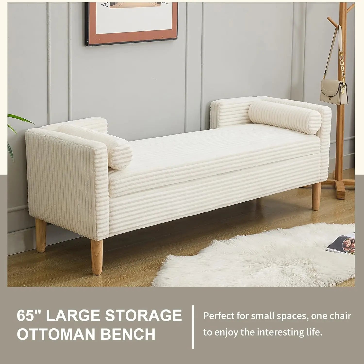 65" Large Storage Ottoman Bench with 2 Pillows, Corduroy Upholstered Entryway Bench