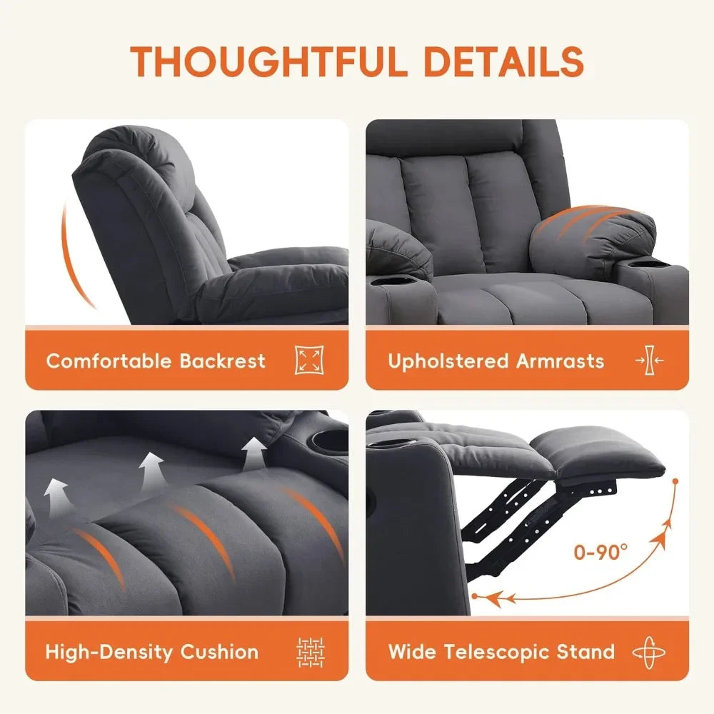 Adults Plush Swivel Recliner Chair: Oversized Manual Glider with Massage, Heat, and Cozy Fabric