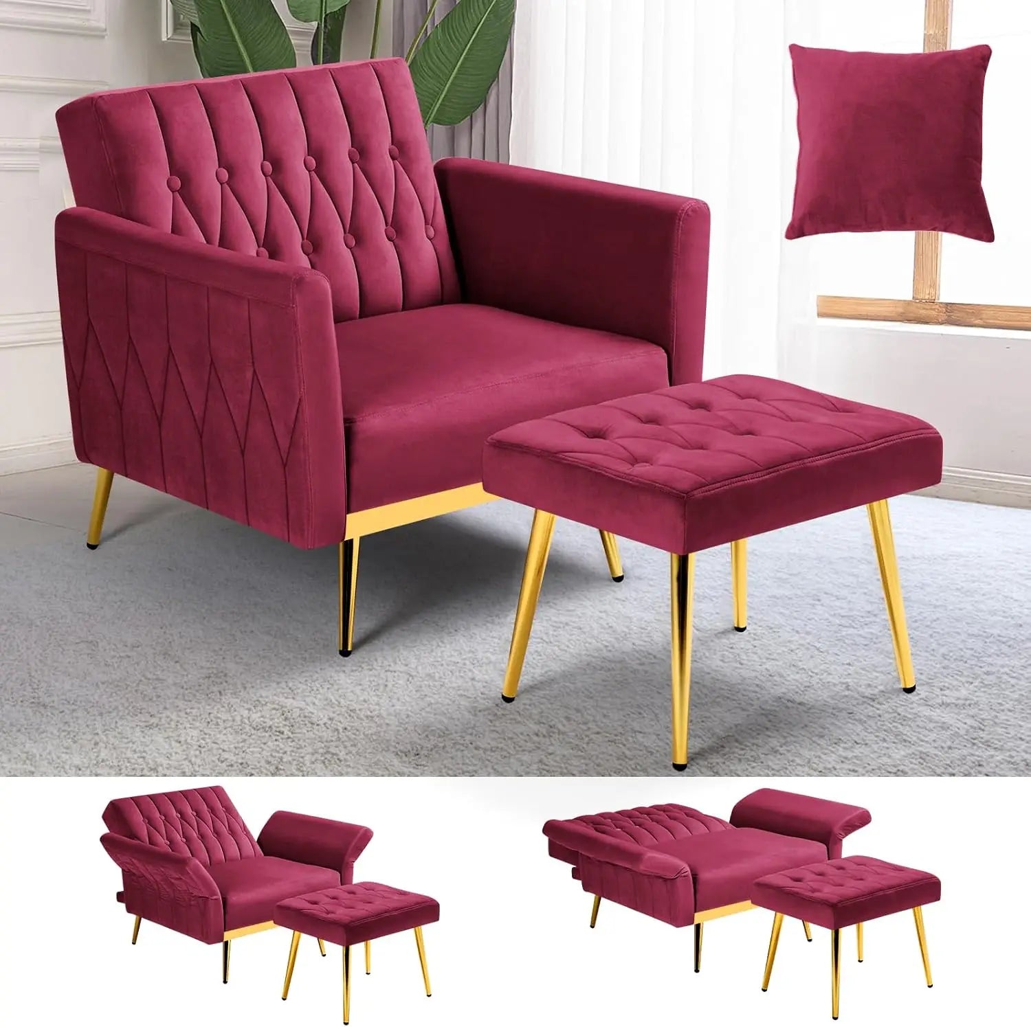 Upholstered Reclining Chair/Ottoman with Adjustable Armrests and Back, Button-Tufted Relaxation Seat