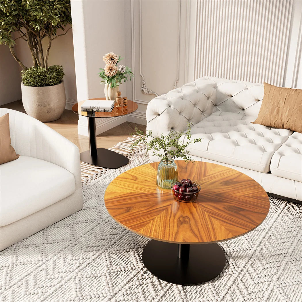 LUVODI Modern Round Marble Coffee Table Set of 2 Living Room Center Table Sofa Side Desk with Black Glass End Table w Metal Legs