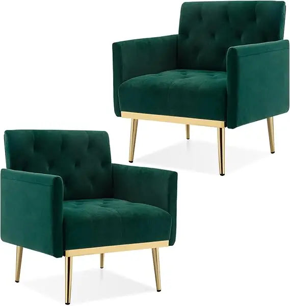 Green Velvet Accent Chairs Set of 2, Comfy Button Tufted Armchair, Upholstered Arm Chairs