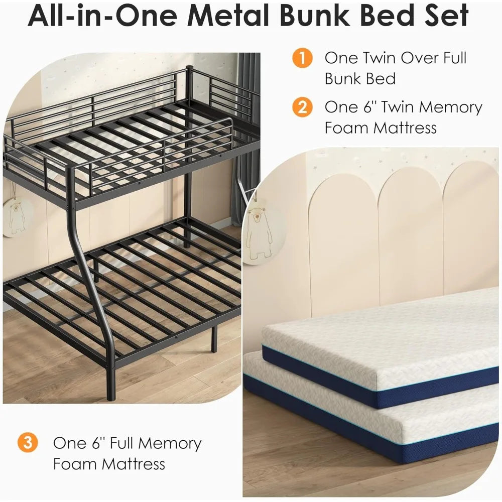 Metal Twin over 
Full Bunk Bed Set with 6-inch mattresses, sturdy frame for kids and adults
