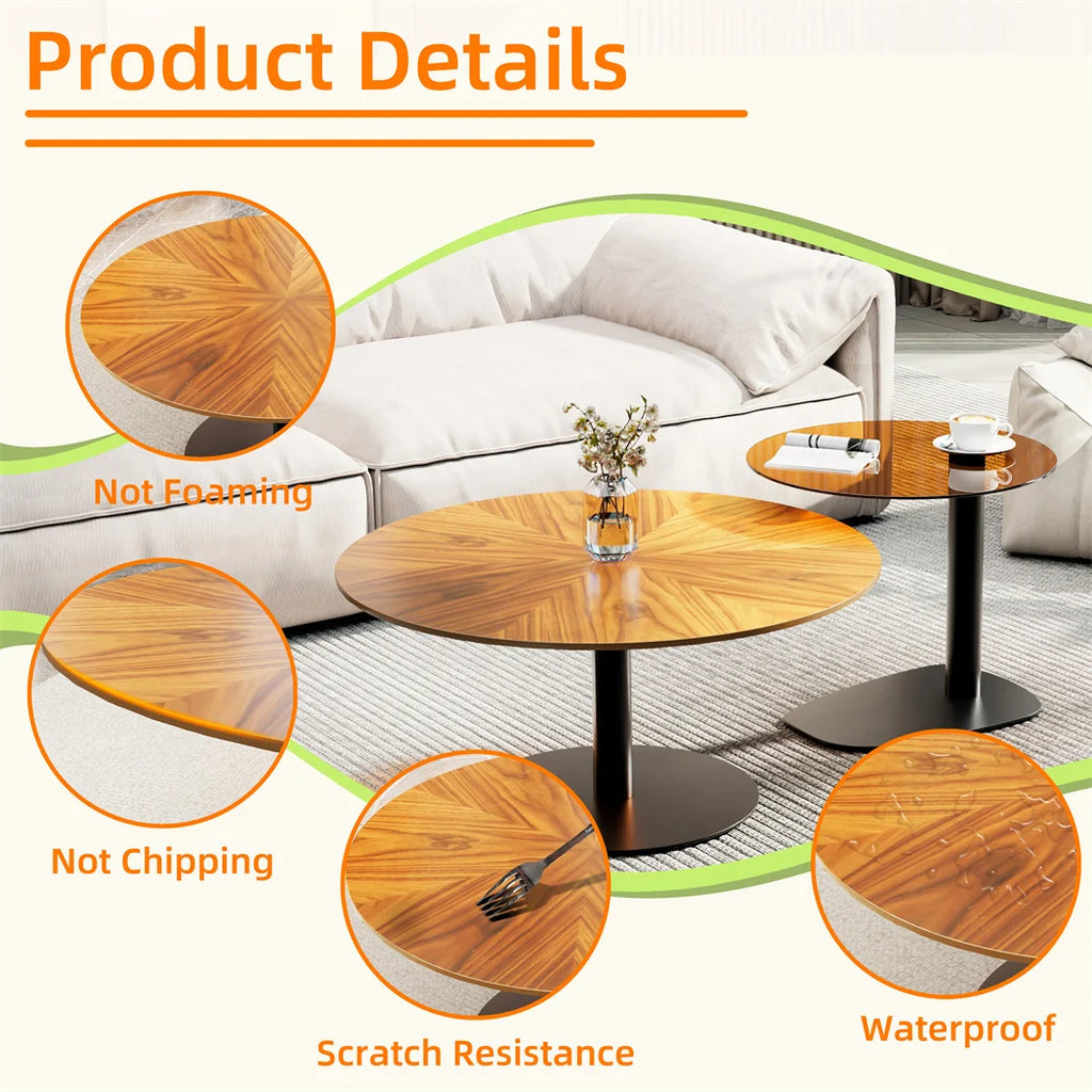 LUVODI Modern Round Marble Coffee Table Set of 2 Living Room Center Table Sofa Side Desk with Black Glass End Table w Metal Legs