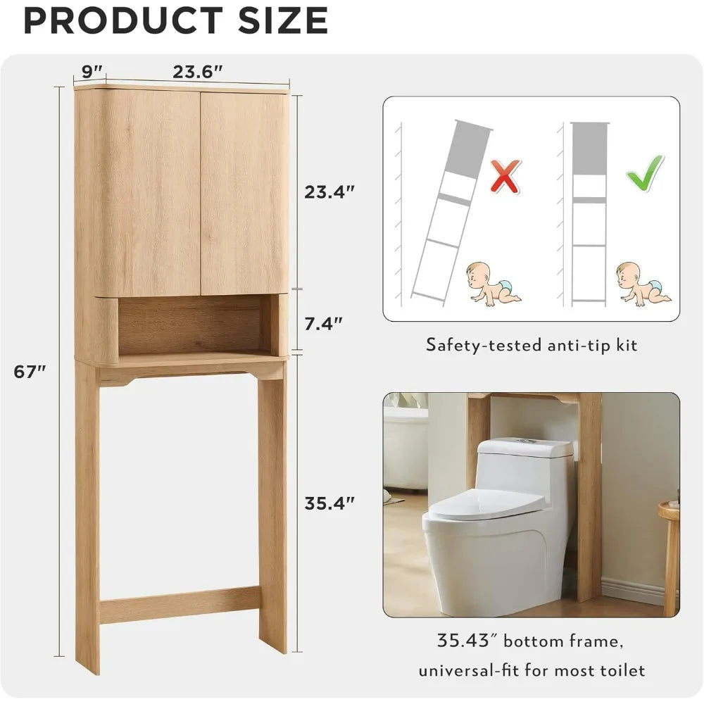 67 Tall Wooden Bathroom Storage Cabinet with Adjustable Shelves and Handle-Free Double Doors