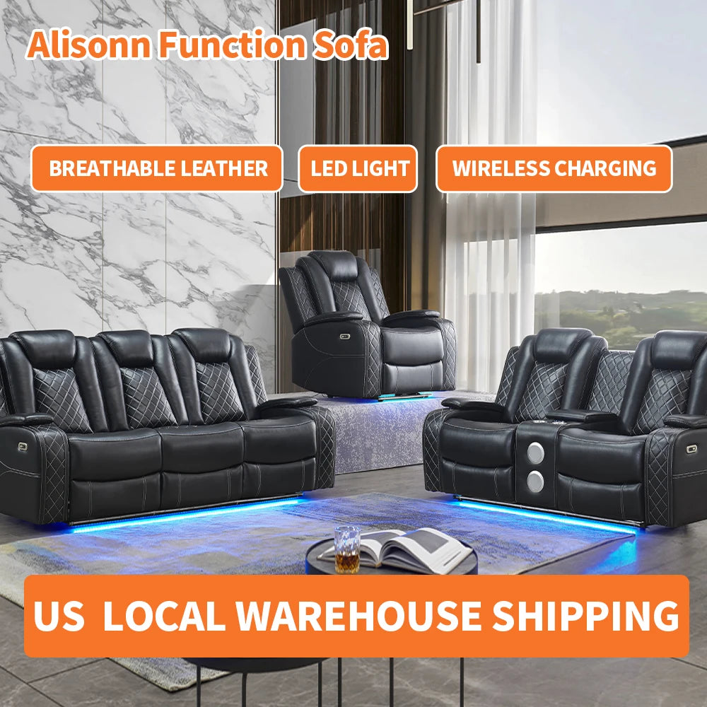 Power Reclining Sofa Couch with Wireless Charger/ 3 Seater Recliner/Reading Light Leather/ Bluetooth Speaker/ Theater Seating LED