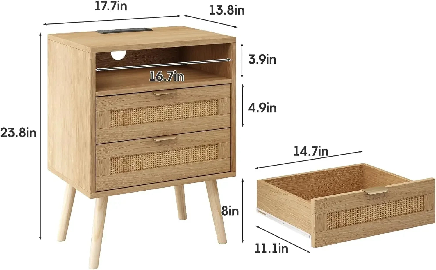 Rattan Nightstands/ Set of 2 with Charging Station and LED Lights, End Tables with 2 Drawers and Wood Legs