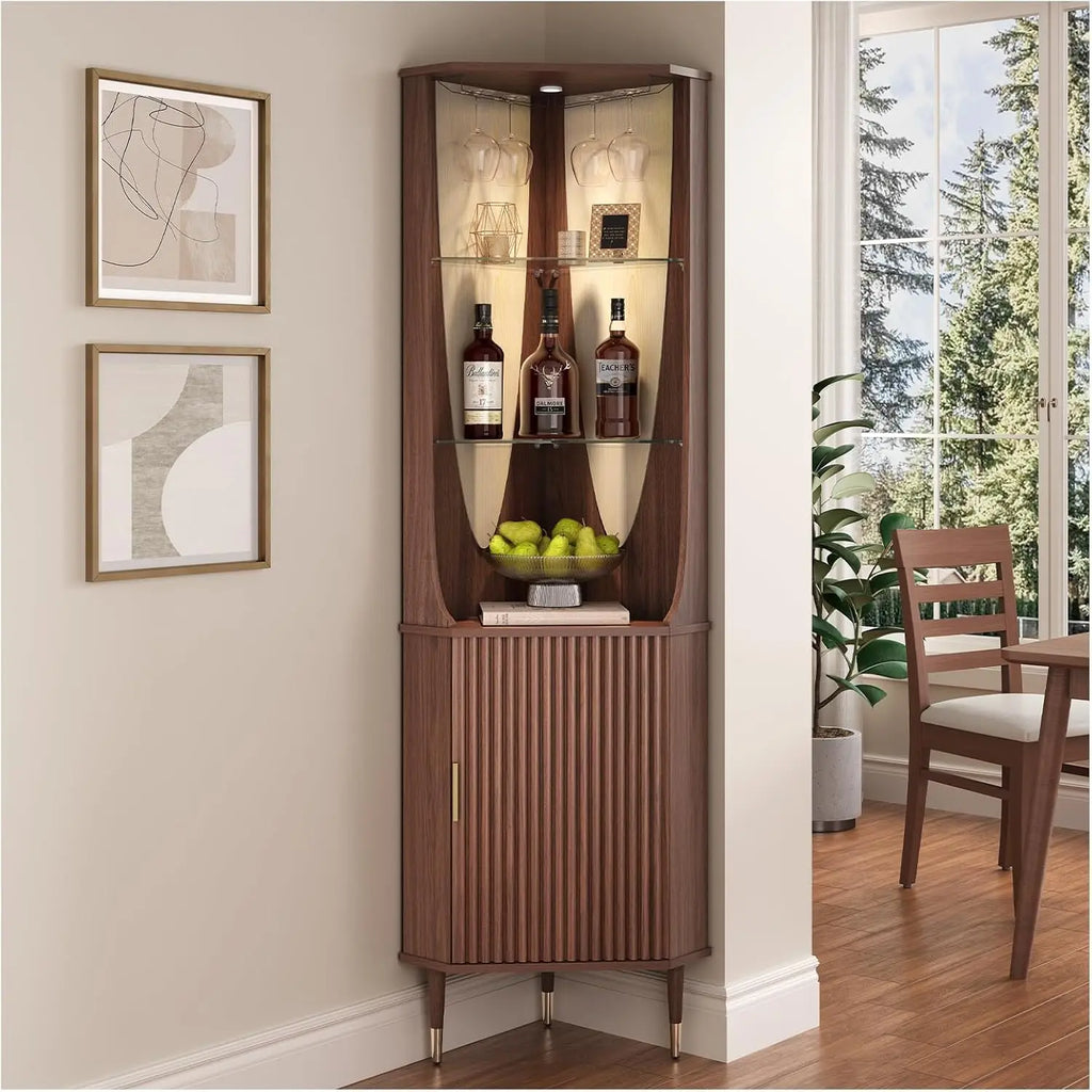 70" Tall Corner Cabinet, Mid Century Modern Cabinet with Doors, Fluted Corner Bar Cabinet with Glass Holder,Walnut
