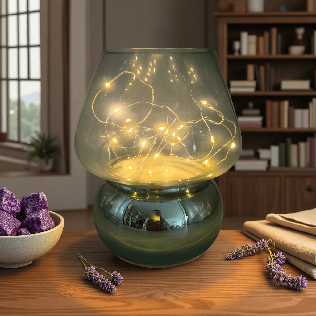Glass Mushroom Table Lamp/ Battery Operated, Cute Mushroom Shaped LED Fairy Light, Portable Mini Glass Night Light for Bedroom Decor/ Corner Ambient Lighting, Battery Powered (Battery Not Included)
