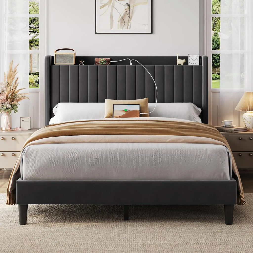 Queen Bed Frame with USB Charging Station and Storage Shelf/Upholstered Headboard Platform Bed with Wing Side/Wooden Slats