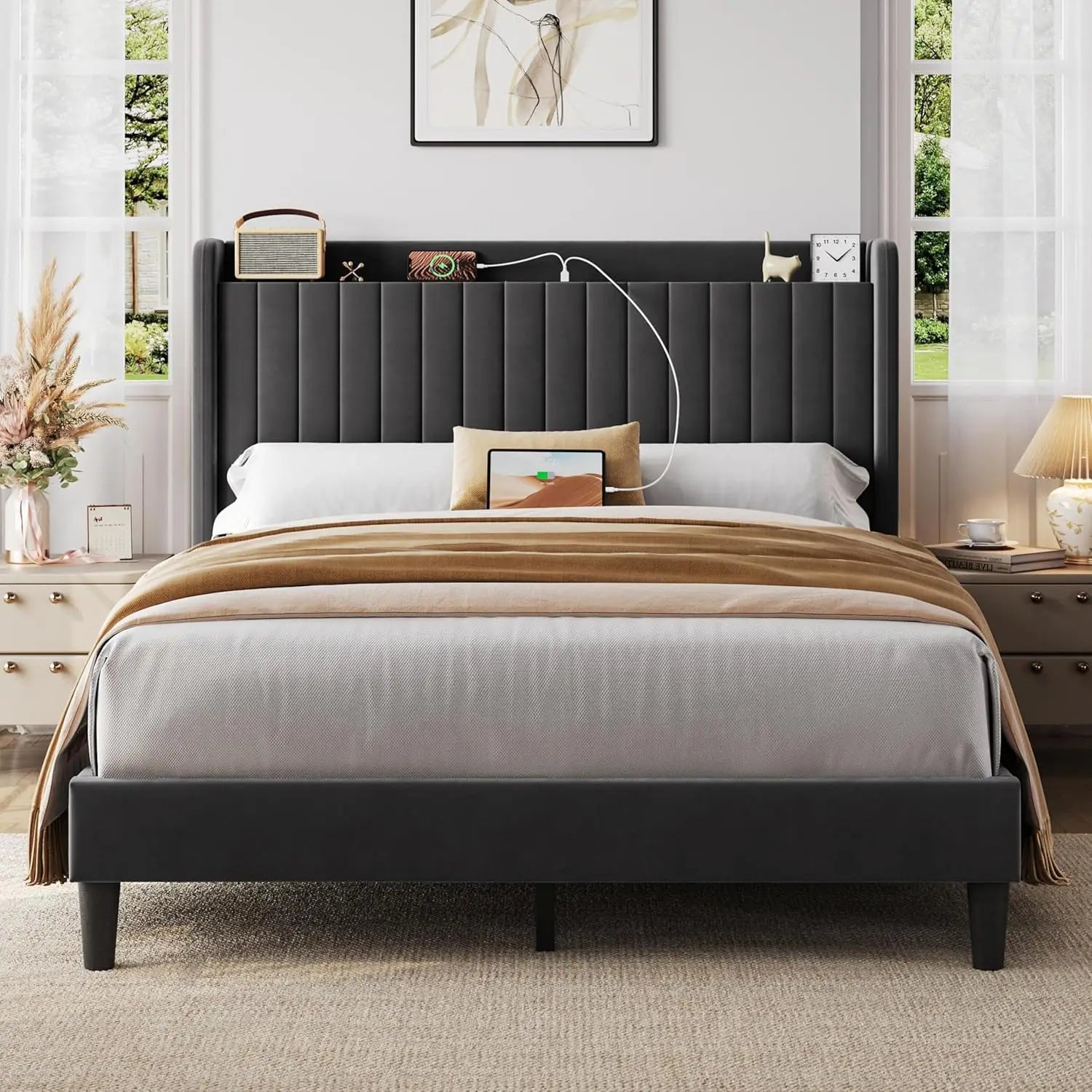 Queen Bed Frame with USB Charging Station and Storage Shelf/Upholstered Headboard Platform Bed with Wing Side/Wooden Slats