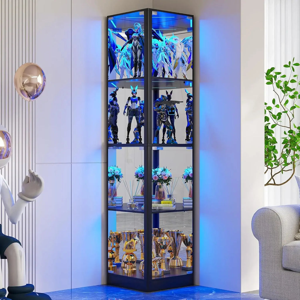 Display Cabinet with Glass Doors, 68" Corner Curio Cabinet with LED Lights, 4-Tier Glass Display Case for Collectibles/Toys