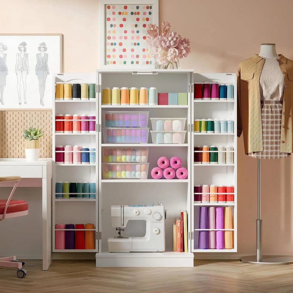 50" Craft Storage Cabinet with LED Lights – Adjustable Shelves Sewing Organizer, Multi-Purpose Sewing Cabinet