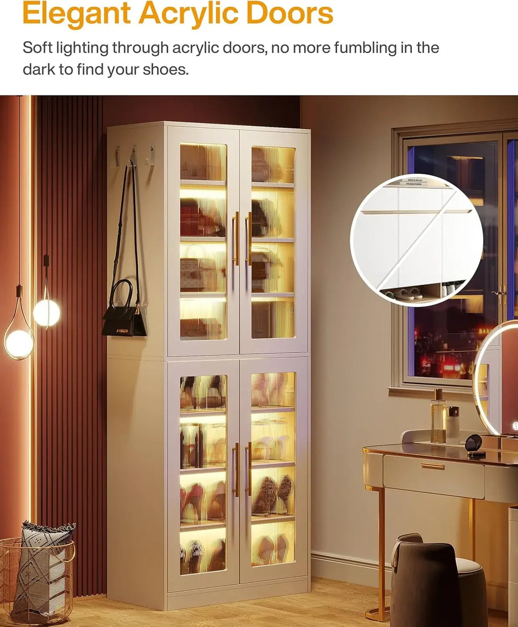 Tall Shoe Storage Cabinet with Acrylic Doors and LED Lights, 8-Tier Entryway Shoe Organizer Rack with Adjustable Shelves