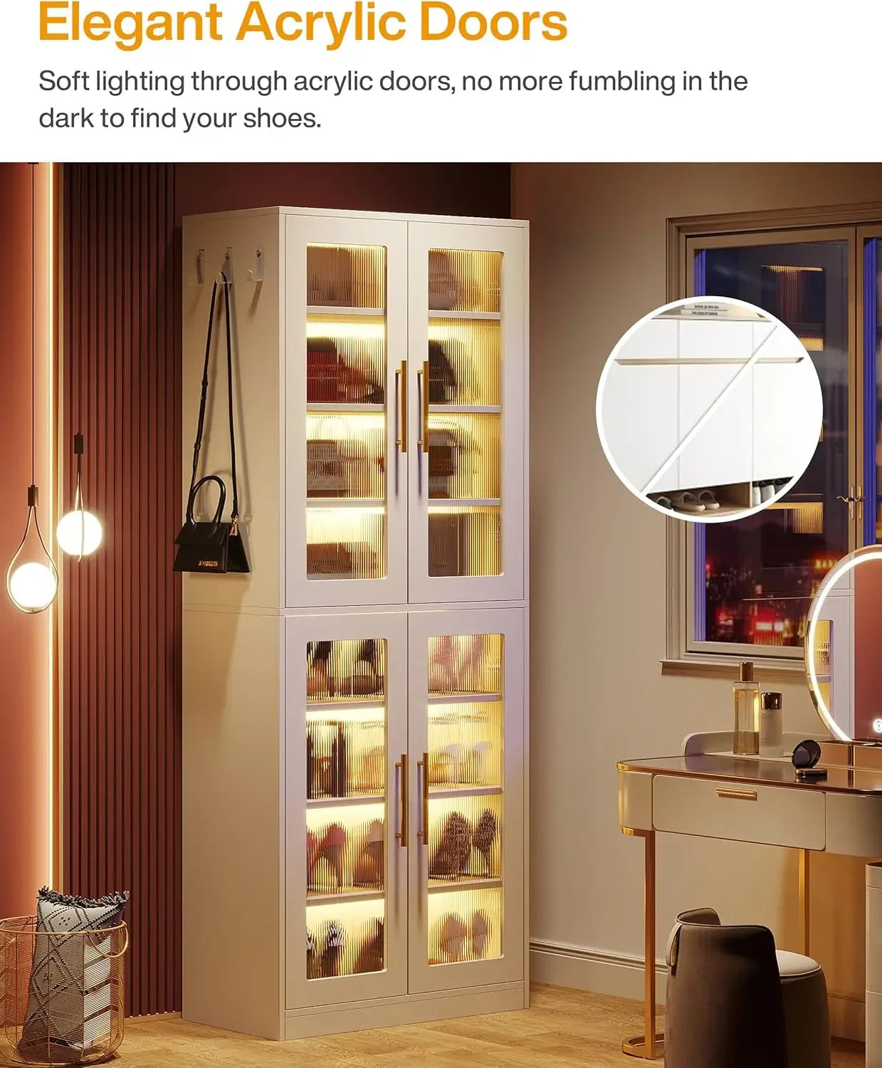 Tall Shoe Storage Cabinet with Acrylic Doors and LED Lights, 8-Tier Entryway Shoe Organizer Rack with Adjustable Shelves