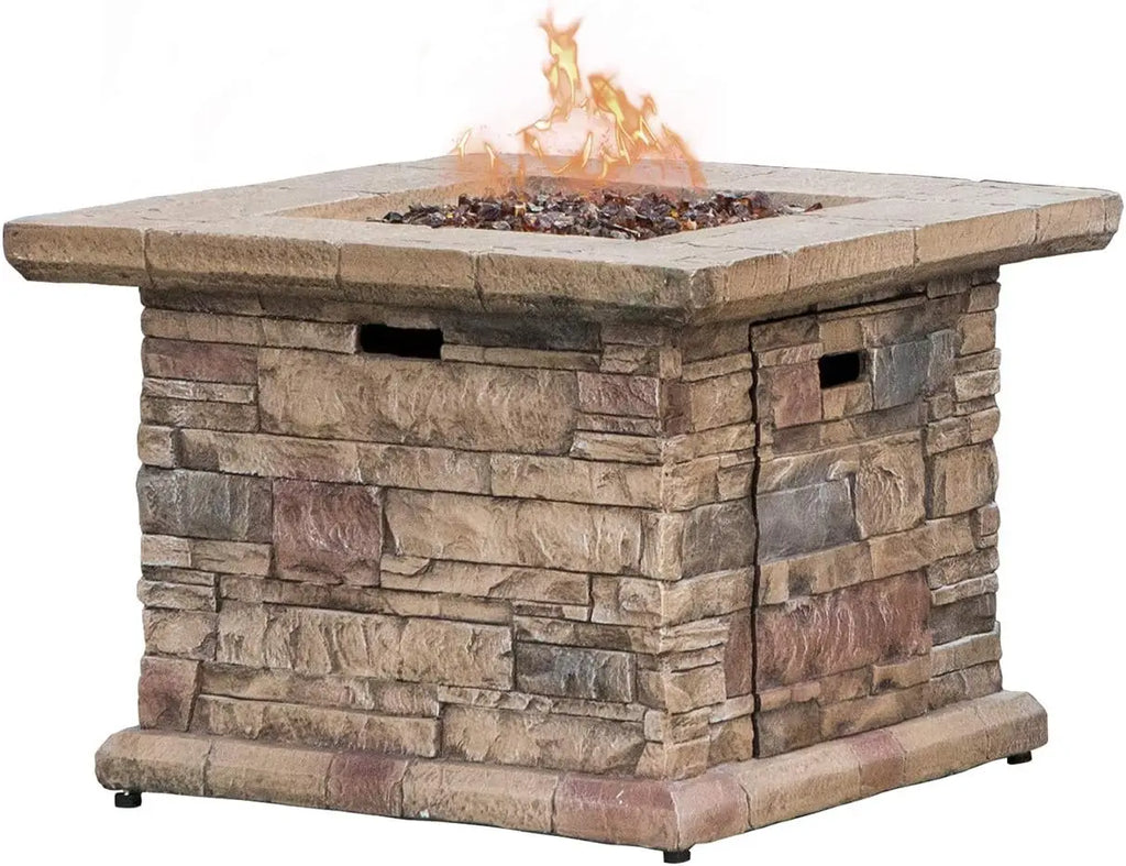 Outdoor Propane Concrete Fire Pit Table w/ Imitation Stone Surface 32-inch Round Fire Table, CSA Certified, 40,000 BTU Stainless