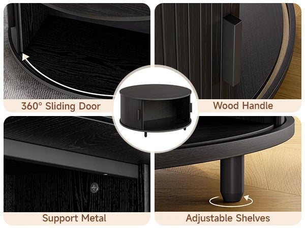 Round Coffee Table with Storage,31.5"/ Modern Coffee Table with 360° Curved Sliding Door, Fluted Wood Accent Coffee Table