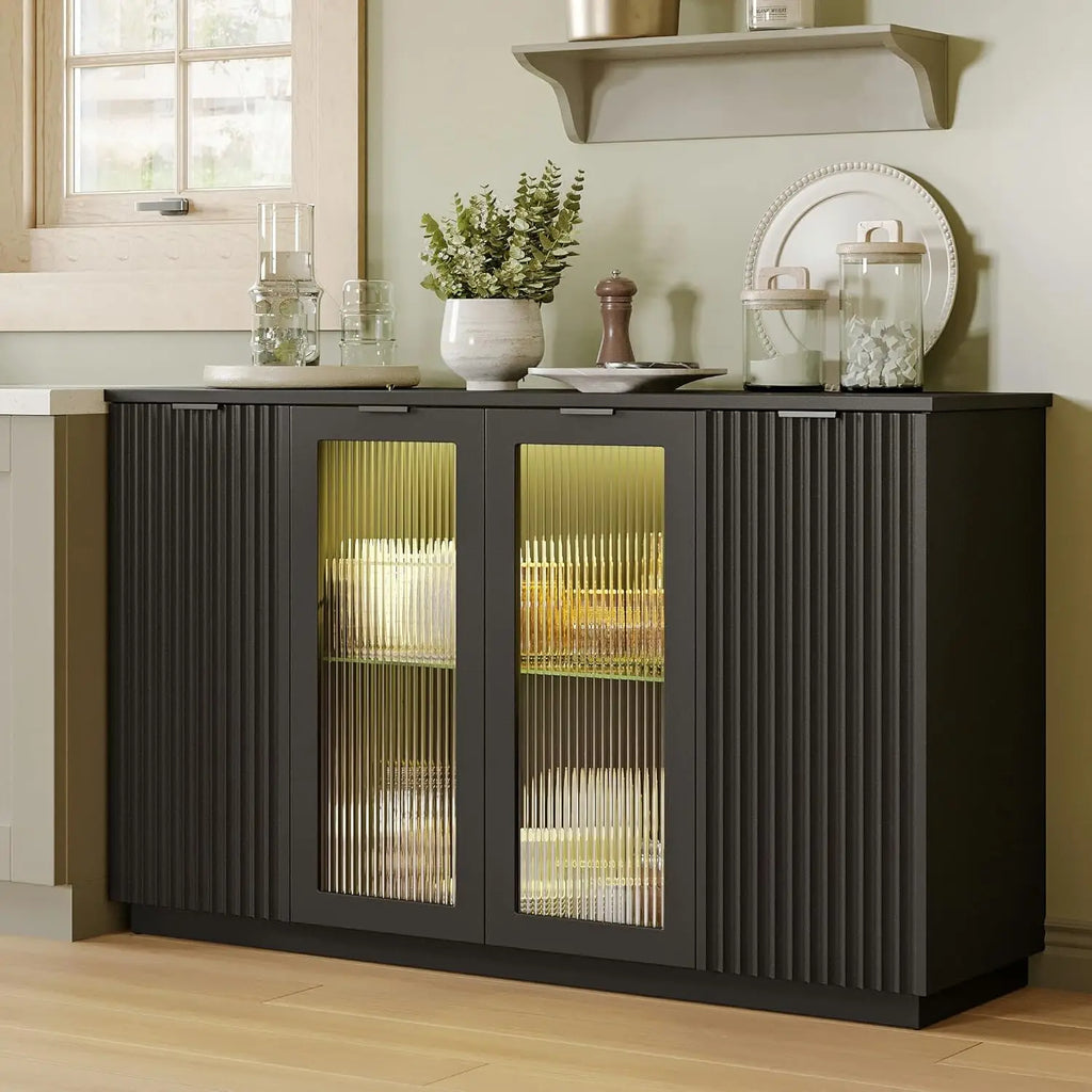 55" Black Sideboard Buffet Cabinet with Glass Doors LED Lights Adjustable Shelves for Kitchen Living Room, Customized