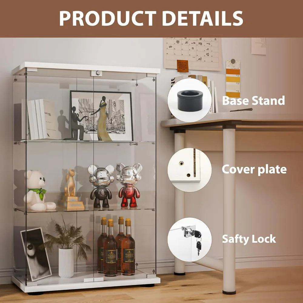 Glass Display Cabinet with Double Doors and Lock, Easy Assembly 3-Tier Curio Cabinet with 5mm Tempered Glass Floor