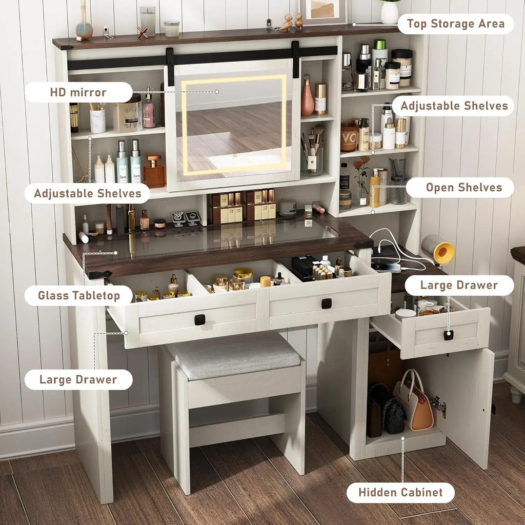 Farmhouse 47" Large Makeup Vanity Desk with Glass Tabletop, White Vanity with Sliding Mirror and Lights, Vanity Set with Stool