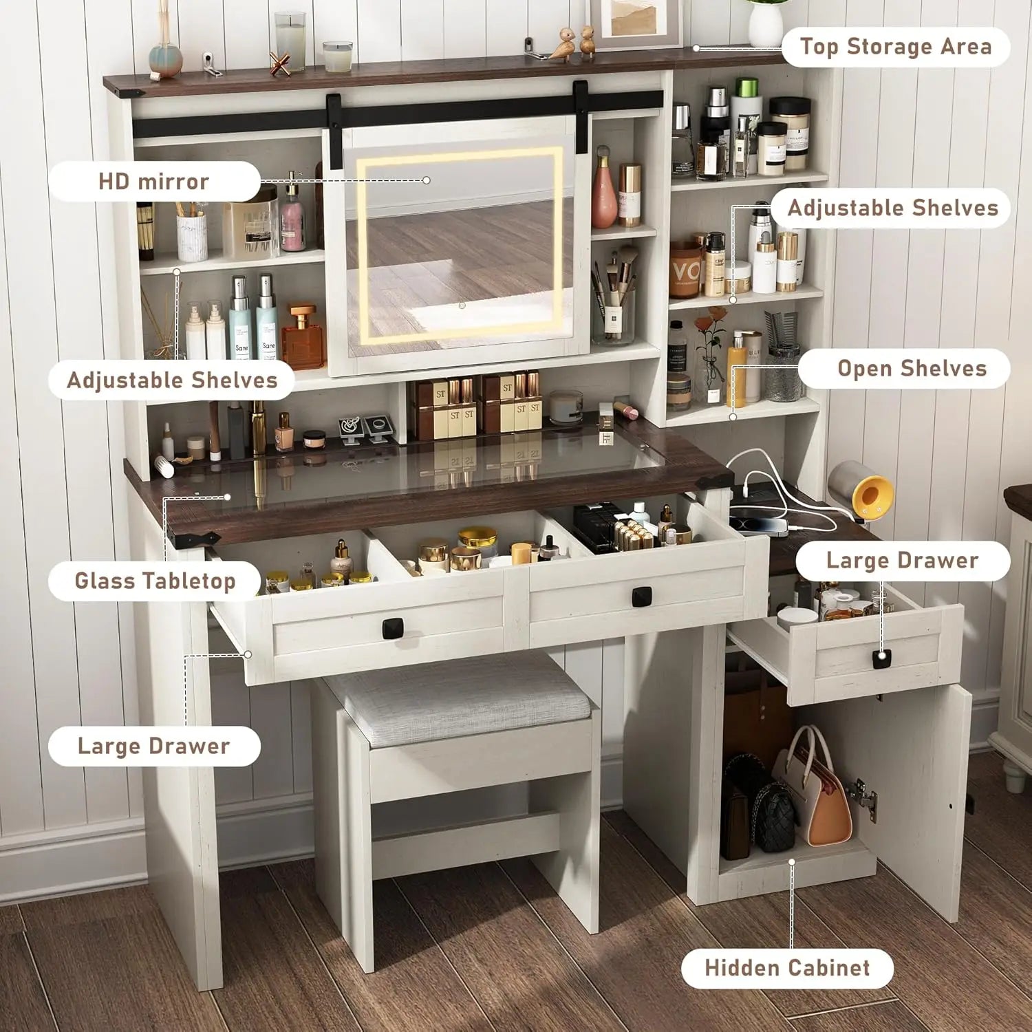 Farmhouse 47" Large Makeup Vanity Desk with Glass Tabletop, White Vanity with Sliding Mirror and Lights, Vanity Set with Stool