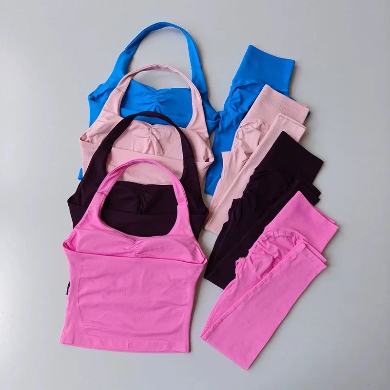 Yoga Pants High-Waisted Tummy-Control Hip-Lifting Sports Suit/ Women's Push-Up Shockproof Halter Neck Back-Slimming Fitness Set