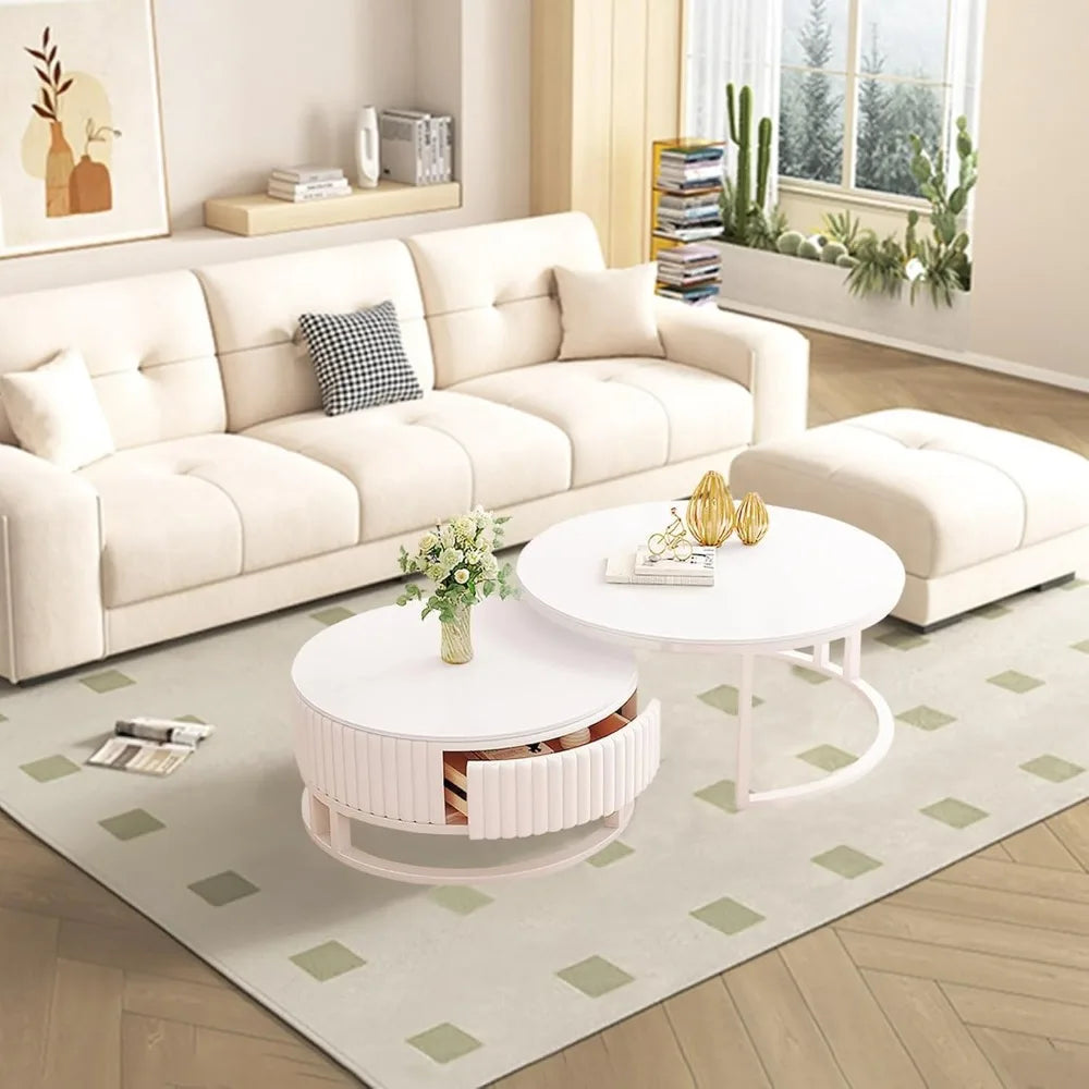 Round Marble Coffee Table with Storage Round Nesting Coffee Table Set of 2 Modern White Coffee Tables for Living Room Coffee Table