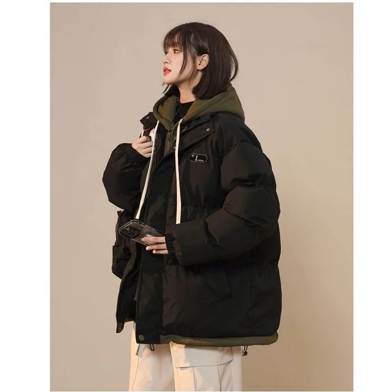 Korean Version Fashion Letter Patch Two Piece Cotton-Padded Jacket , Vintage, Thick Loose Student Coats