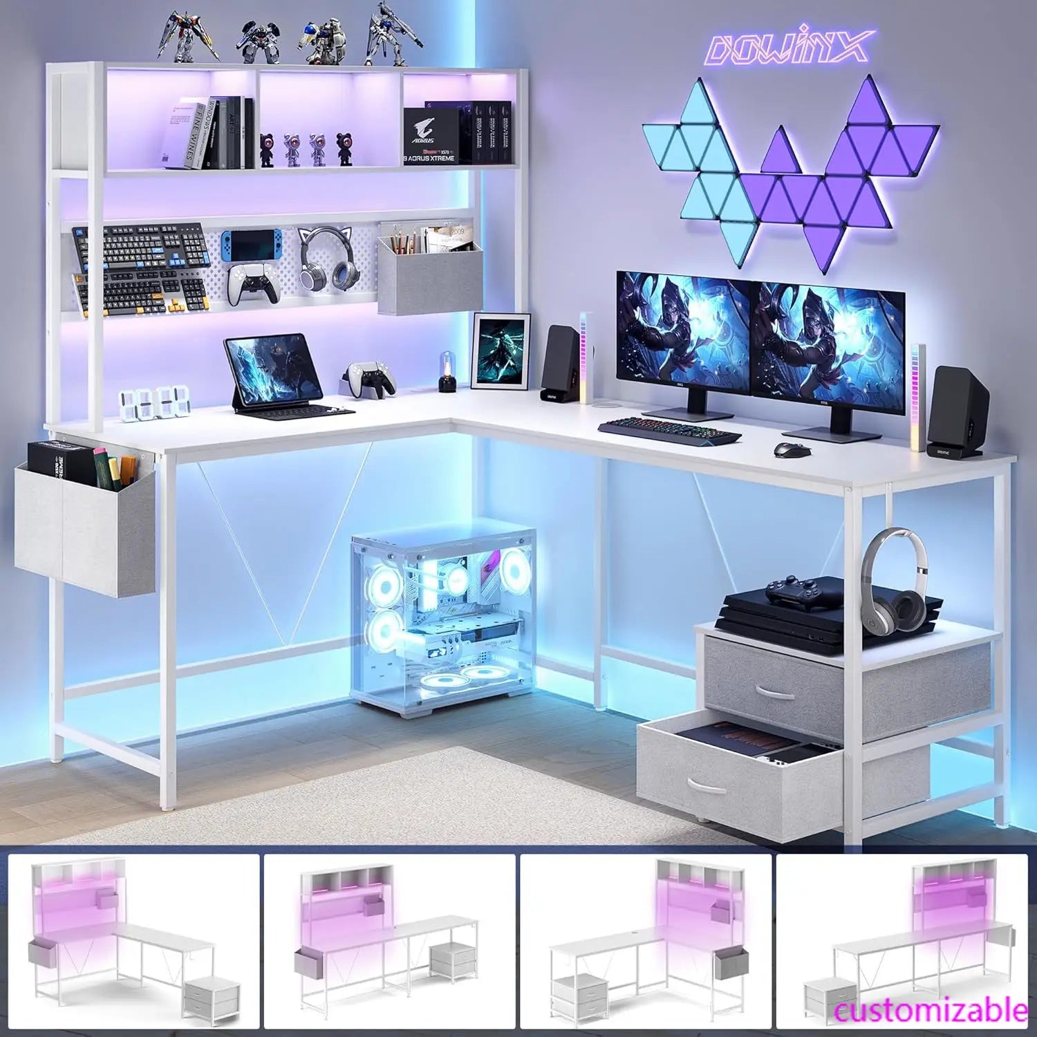 67” L-Shaped Gaming Desk with Pegboard & Drawers, Reversible Computer Desk with RGB Lights & Power Outlets