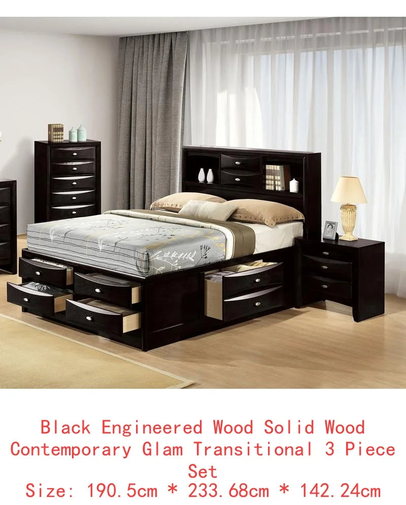 Contemporary King Size Bed with Footboard Drawers & Headboard Bookcase in Cherry Finish