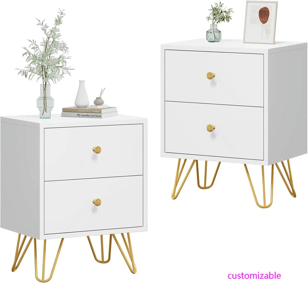 Nightstand Set of 2,, Bedside Table with 2 Drawers, Dual Night Stand Metal Legs and Knobs