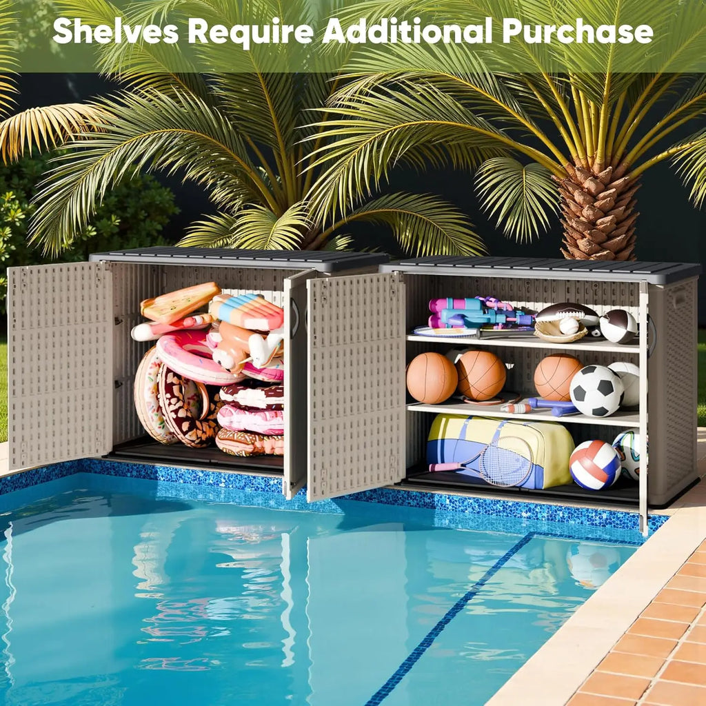 Outdoor Storage Cabinet 26 Cu Ft with Pad-Lockable Doors, Horizontal Storage Shed, Waterproof, Patio, Tools, Storage Box