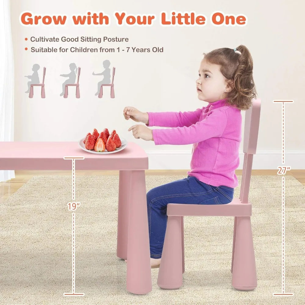 Kids 3 Piece Table and Chair Set, Plastic Children Activity Desk for Reading, Drawing, Snack Time, Arts Crafts, Preschool, Kind