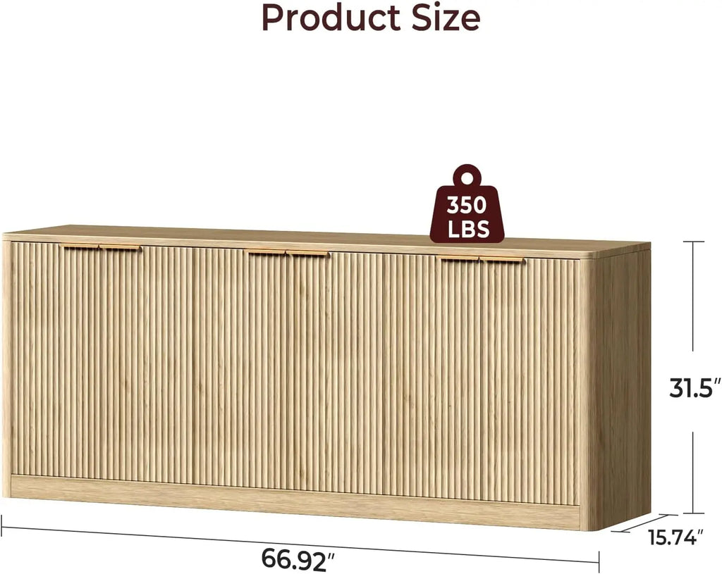 67" Fluted Oak Buffet Cabinet Sideboard with Storage, Large Credenza with 6 Doors, Wood Mid Century Modern Sideboard