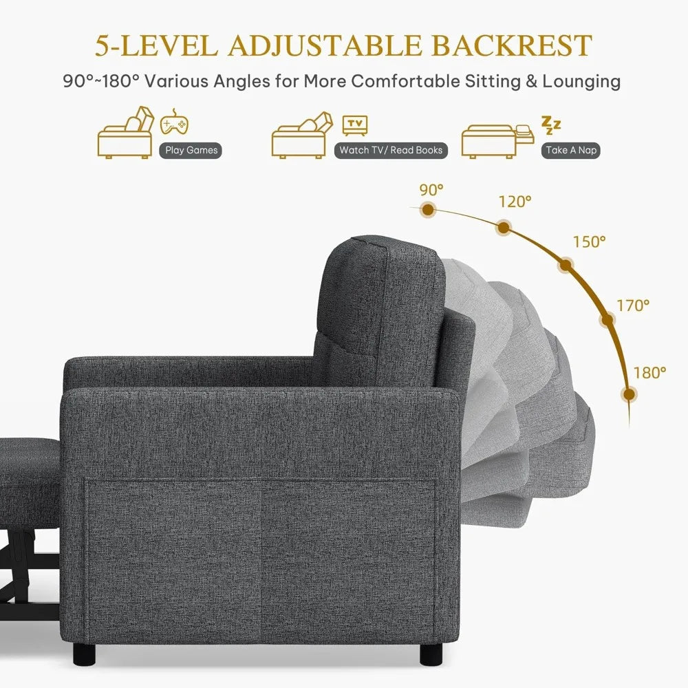 3-in-1 Sleeper Sofa with Pull-Out Bed, Linen Futon Couch with Adjustable Backrest and Side Pocket