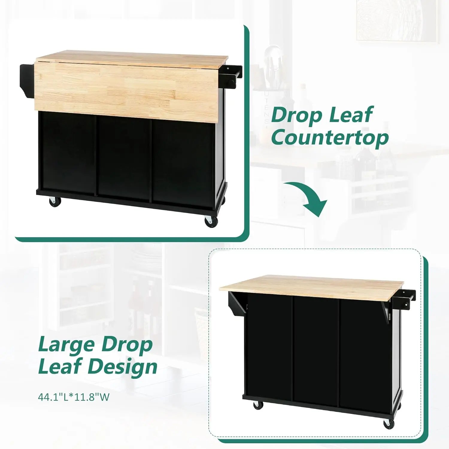 Rolling Kitchen Island with Drop Leaf, Kitchen Cart on Wheels with 3 Drawers and 2 Cabinets, Wood Portable Trolley, Customized