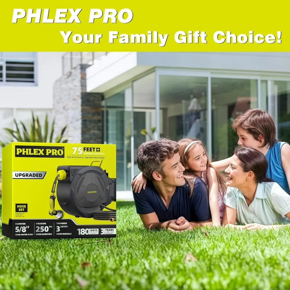 Heavy-Duty 75-Foot 5/8" Retractable Garden Hose Reel with Wall Mount and 10-Pattern Nozzle