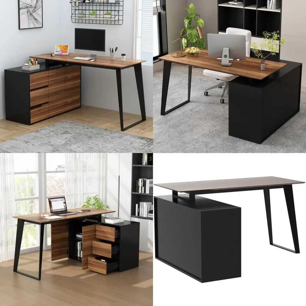 Corner Computer Desk with 3 Drawers, 2 Shelves & 2 Doors - 55" L-Shaped Desk for Study and Writing