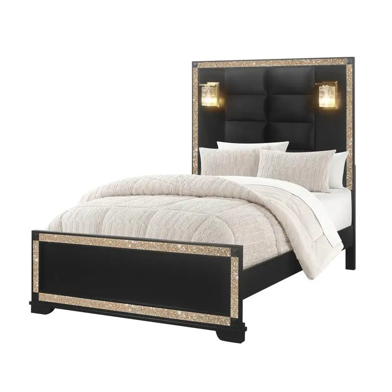 Full Bed Set in Black and Gold with Lamps