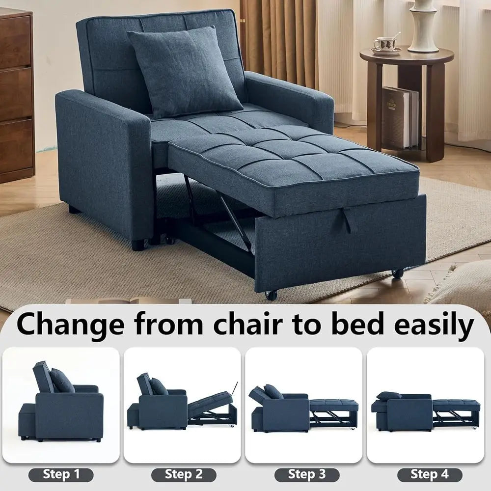 Convertible Sofa Bed with Reclining Backrest and Pull-Out Sleeper, 3-in-1 Blue Couch (35.6)