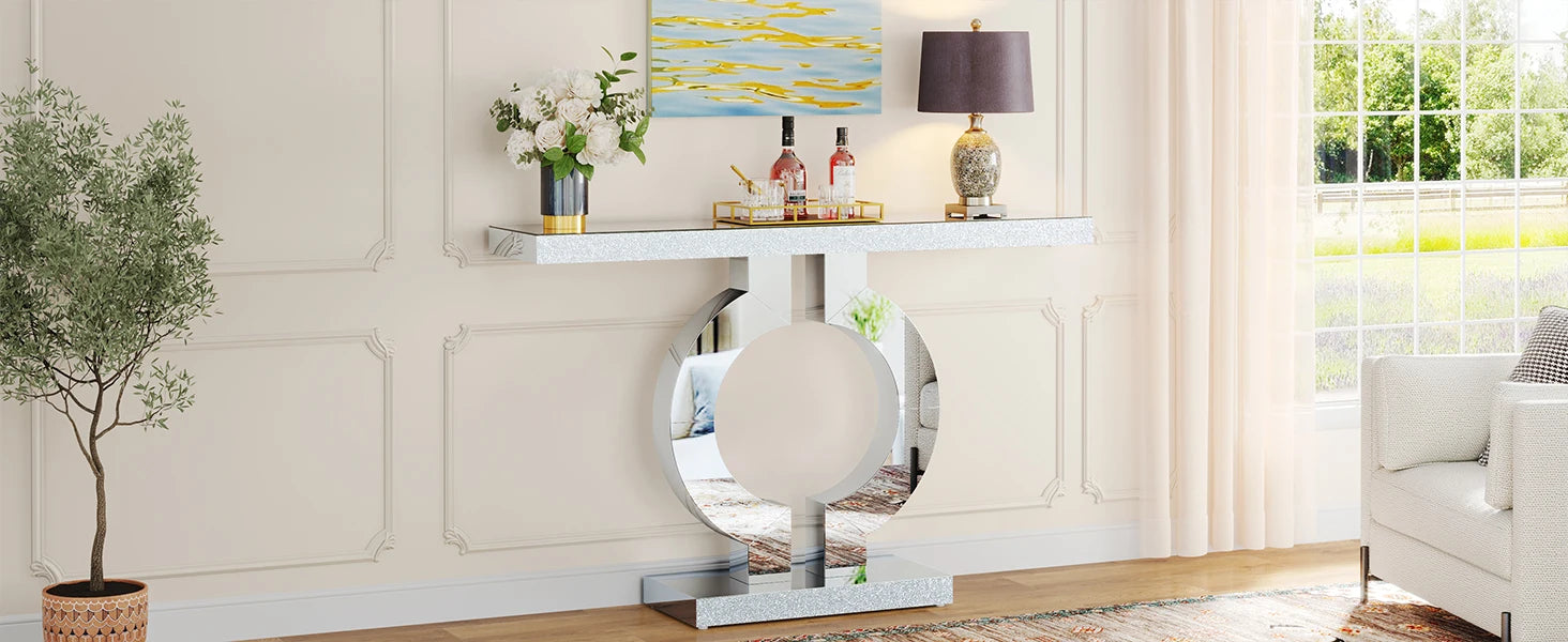 43.3-Inch (110cm) Mirrored Console, Entryway Table with Thickened Mirror Finish Tabletop
