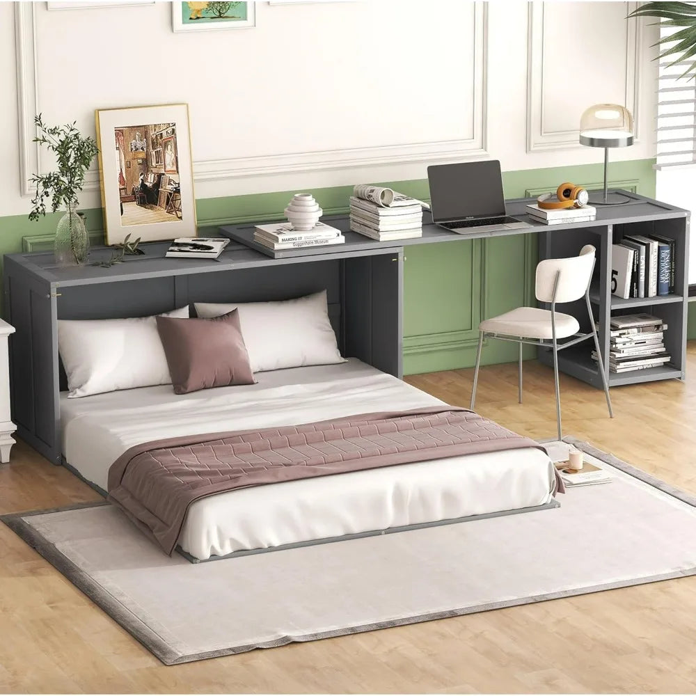 Queen Size Solid Wood Murphy Bed with 2 Storage Shelves and Rotatable Desk