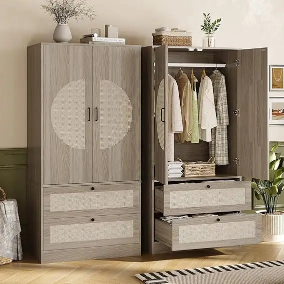 Large Wooden Boho Wardrobe with 2 Drawers, 65" High, Rattan Door Accents, and Hanging Rod for Bedroom