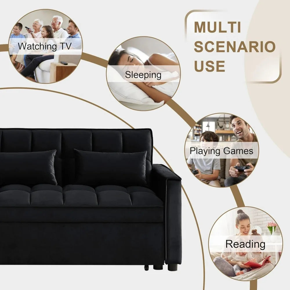 55 Inch 3-in-1 Sleeper Loveseat, Velvet Futon Sofa with Adjustable Reclining Backrest and Pull Out Couch, Includes Pillows