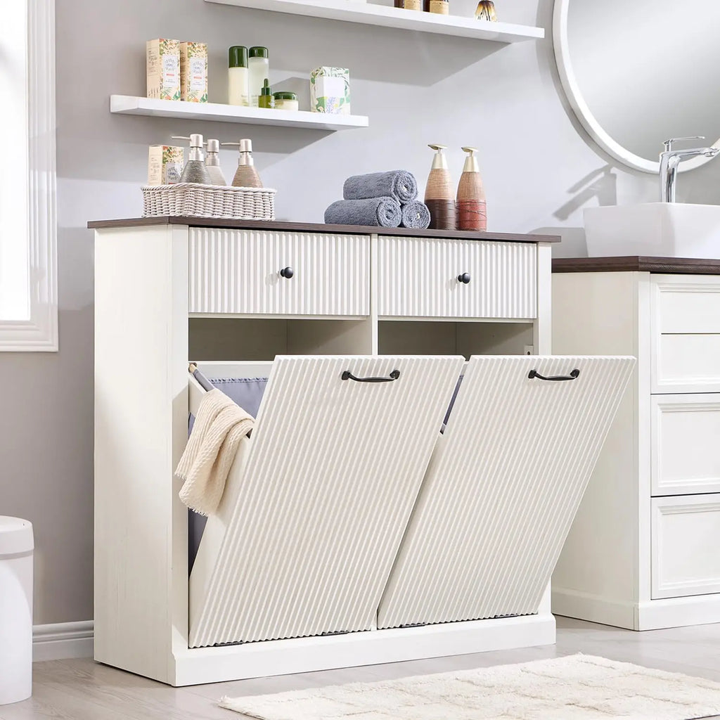 20 Gallon Fluted Laundry Hamper Cabinet w/2 Drawers, Wooden Hidden Garbage Can Cabinets with Storage Basket,White
