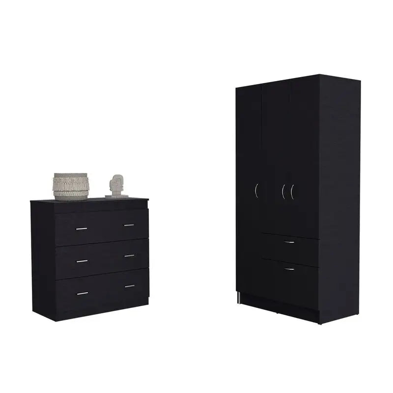2 Piece Bedroom Set, Armoire + 3 Drawer Dresser, Black Finish