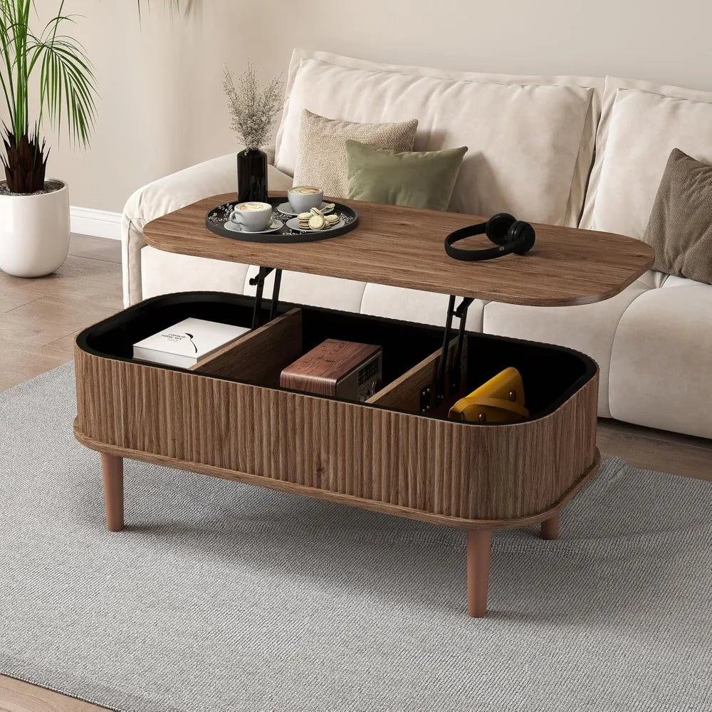 Coffee Table, Fluted Lift Top Coffee Tables for Living Room, Center Tables with Hidden Compartment, Modern Oval