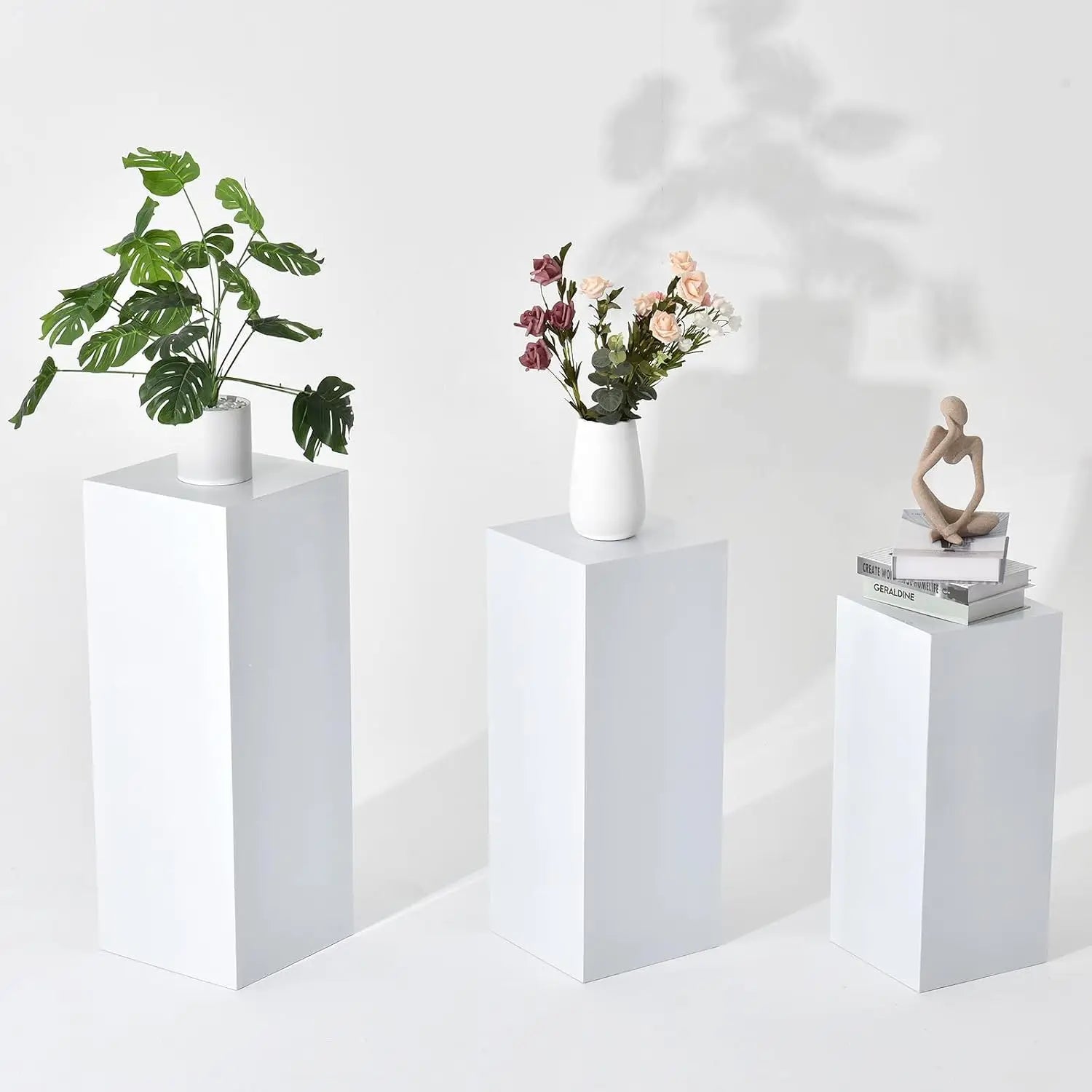 3Pcs White Metal Display Pedestal Stand for Party/ Wedding Sculpture/ Cylindrical Holder for Home/ Garden Decoration